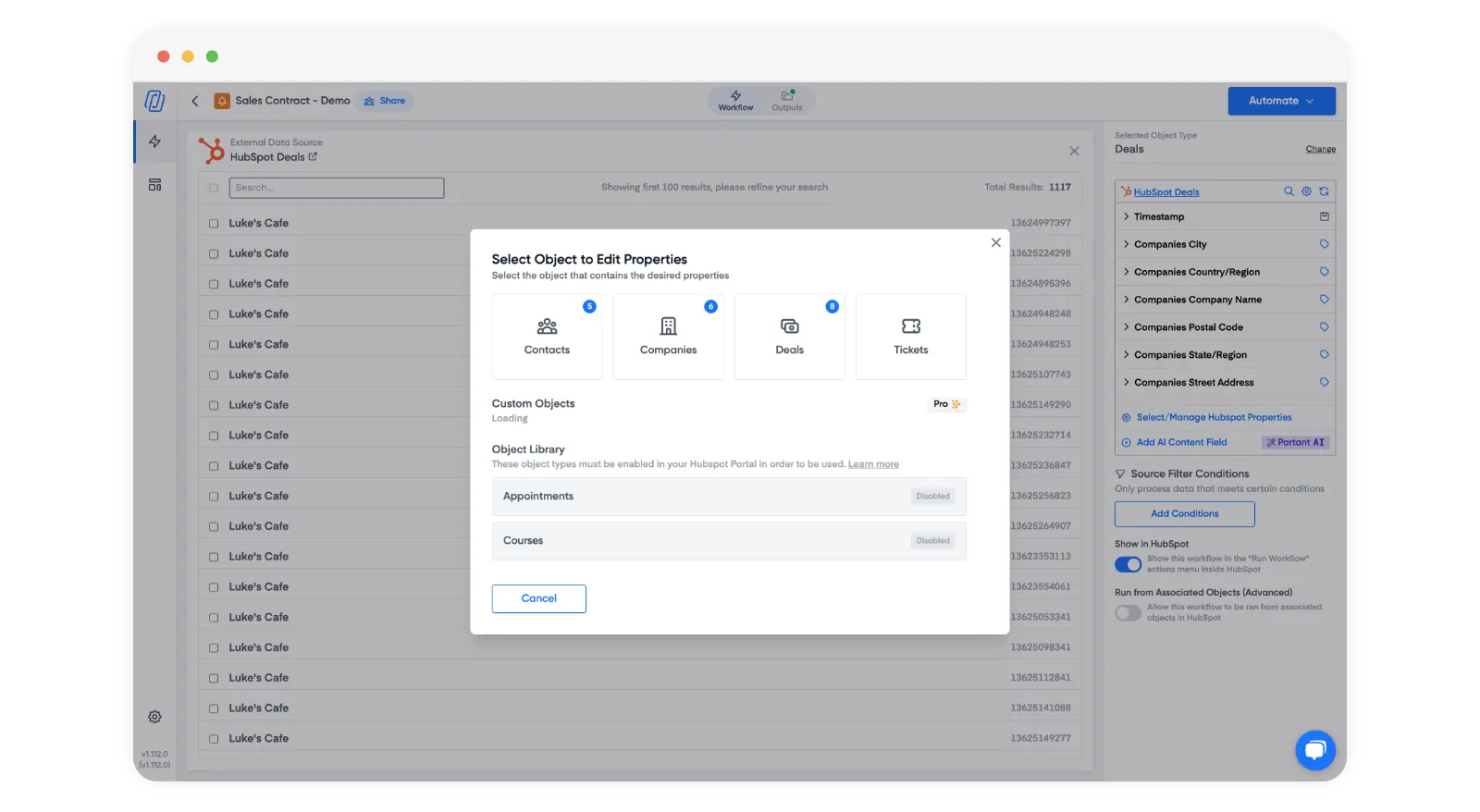 Portant object picker connected to HubSpot, showing Contacts, Companies, Deals, Tickets, custom objects and the Object Library, used to choose which HubSpot record an invoice template should pull data from