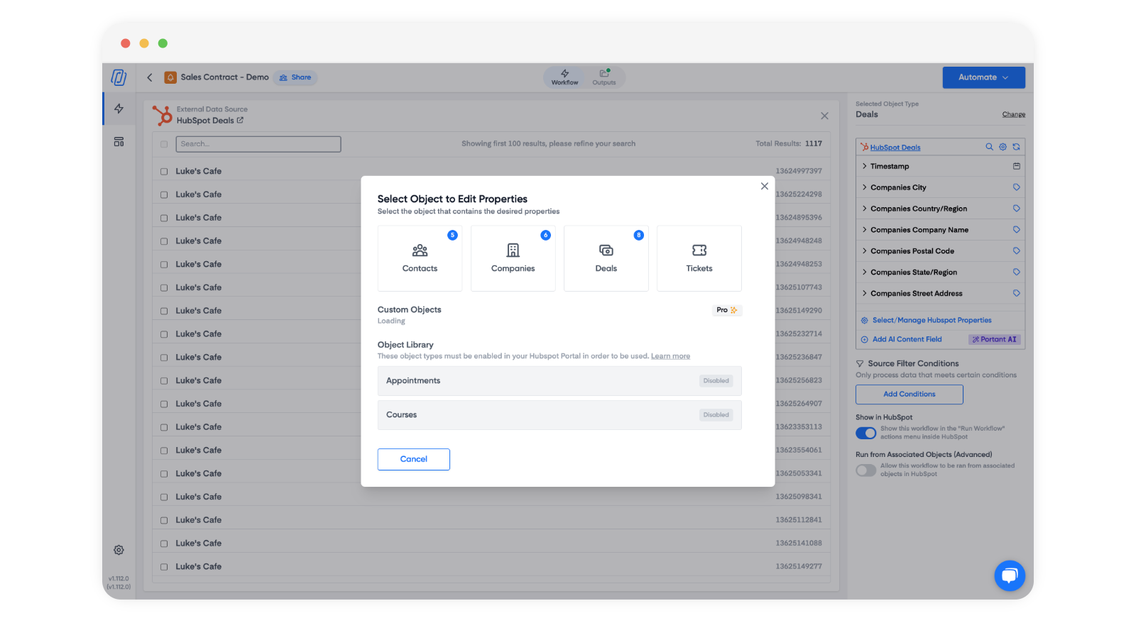 Portant object picker connected to HubSpot, showing Contacts, Companies, Deals, Tickets, custom objects and the Object Library, used to choose which HubSpot record an invoice template should pull data from