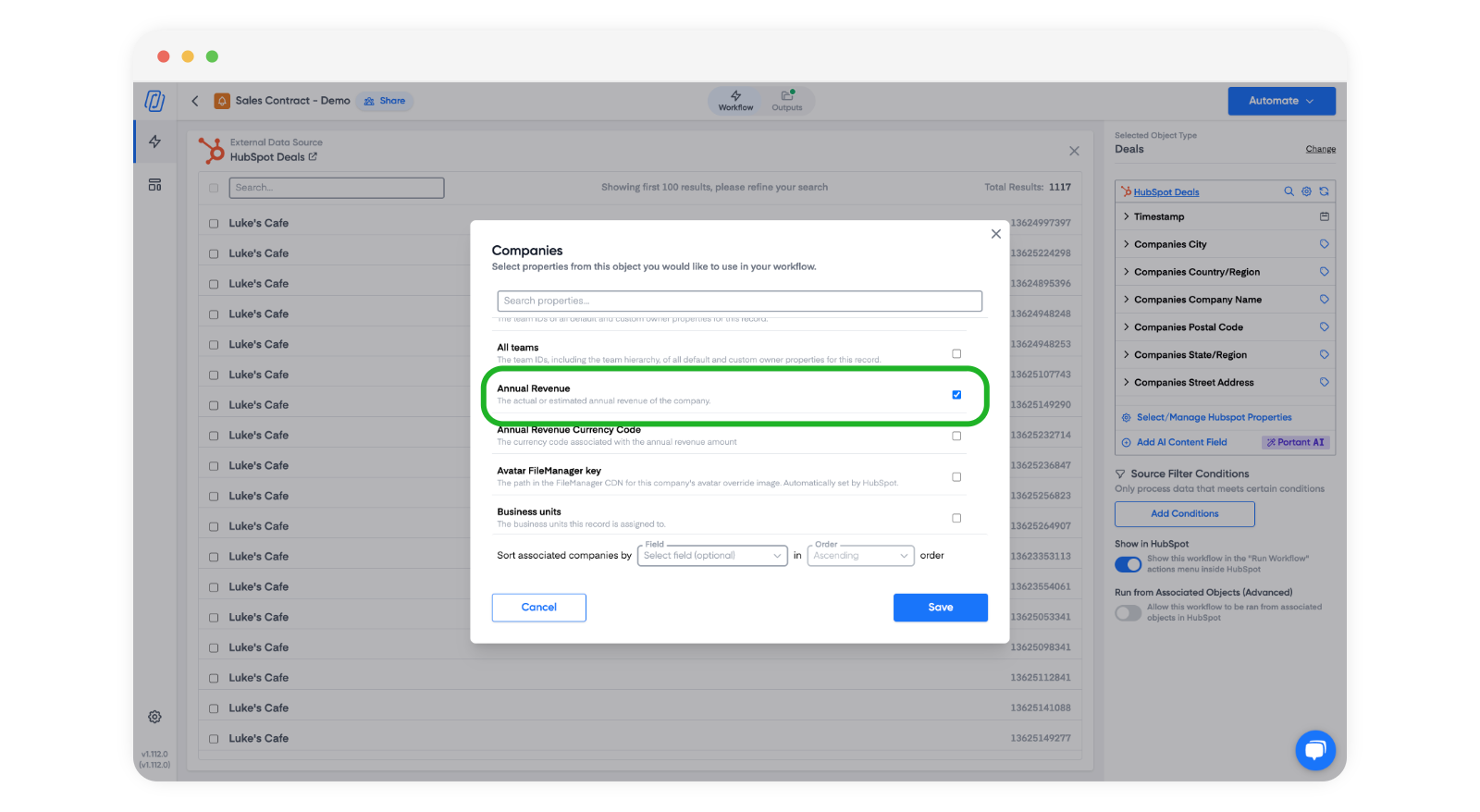 Portant property selector showing the HubSpot Companies object with a searchable list of fields, with Annual Revenue selected, demonstrating how to pick exactly which HubSpot properties an invoice template can use