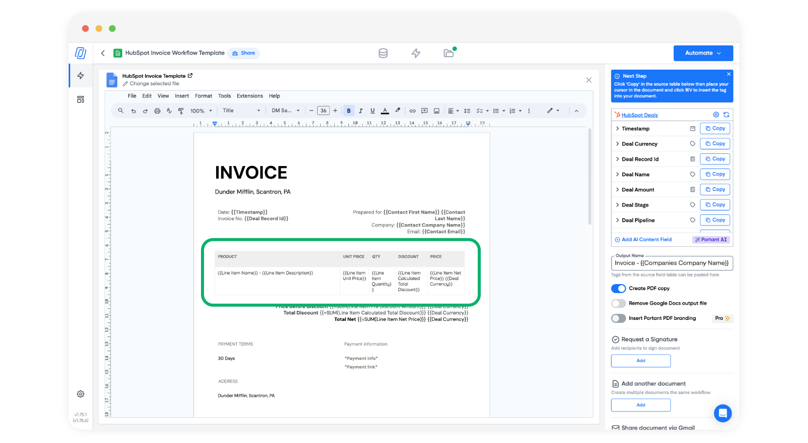 Invoice template in Portant with Line Item Name, Line Item Description, Line Item Unit Price, Line Item Quantity, Line Item Calculated Total Discount and Line Item Net Price tags placed in a single table row that Portant clones once per HubSpot line item