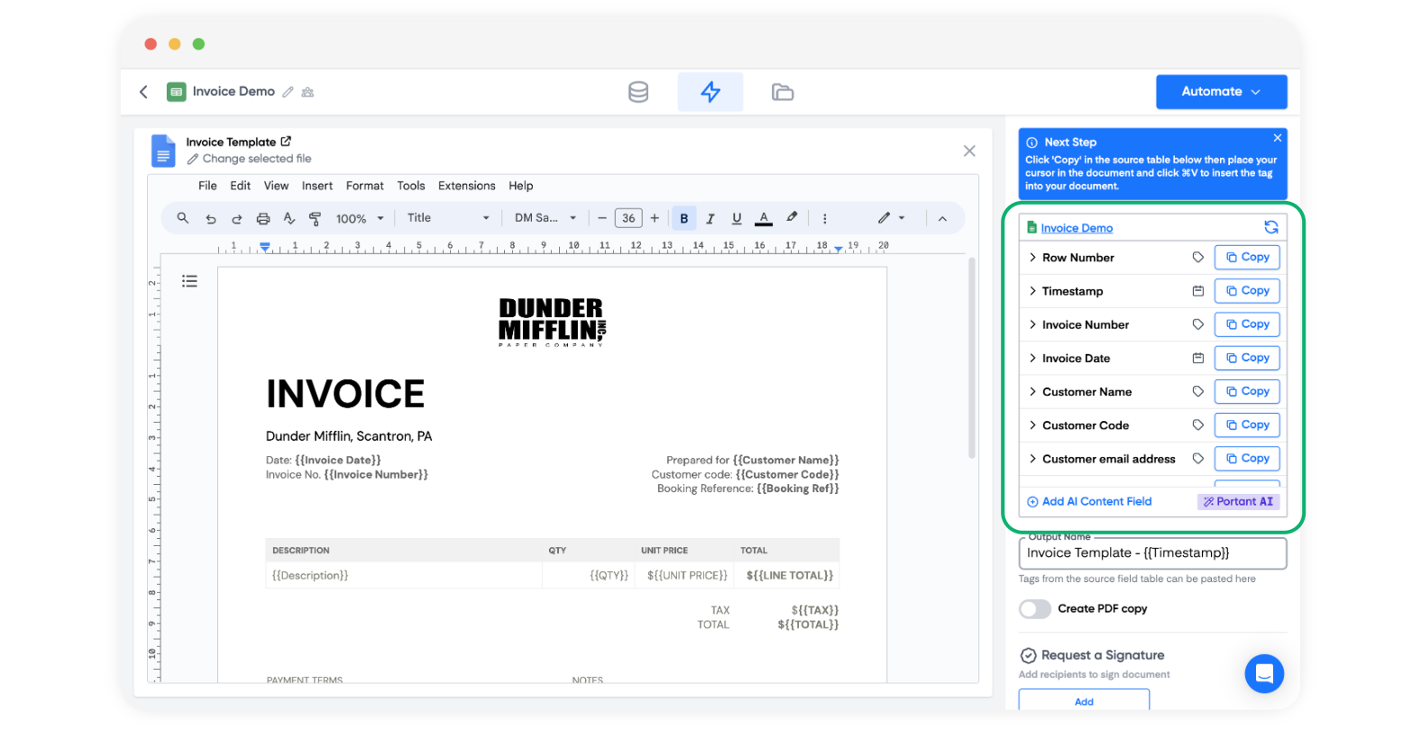 Portant template editor open on an invoice with tags such as Invoice Date, Invoice Number, Customer Name and Customer Code, alongside a sidebar of source fields with Copy buttons for inserting each tag