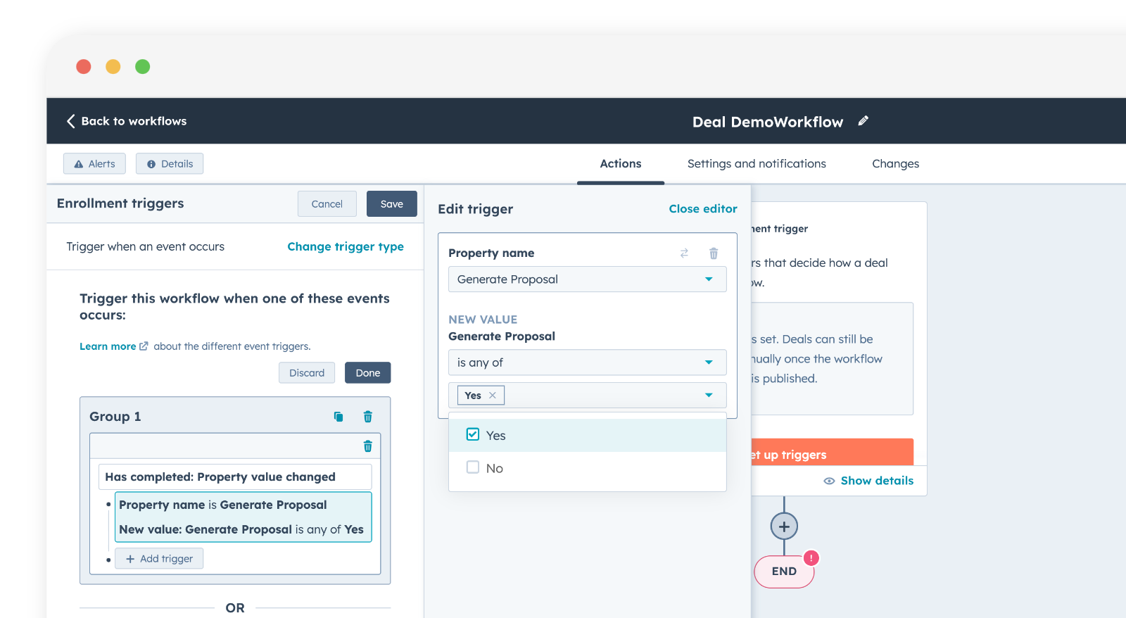 HubSpot deal workflow editor showing a Property value changed enrollment trigger configured so that when the Generate Proposal property is set to Yes, the workflow runs Portant to create a document