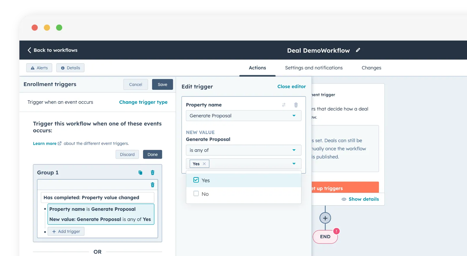 HubSpot deal workflow editor showing a Property value changed enrollment trigger configured so that when the Generate Proposal property is set to Yes, the workflow runs Portant to create a document