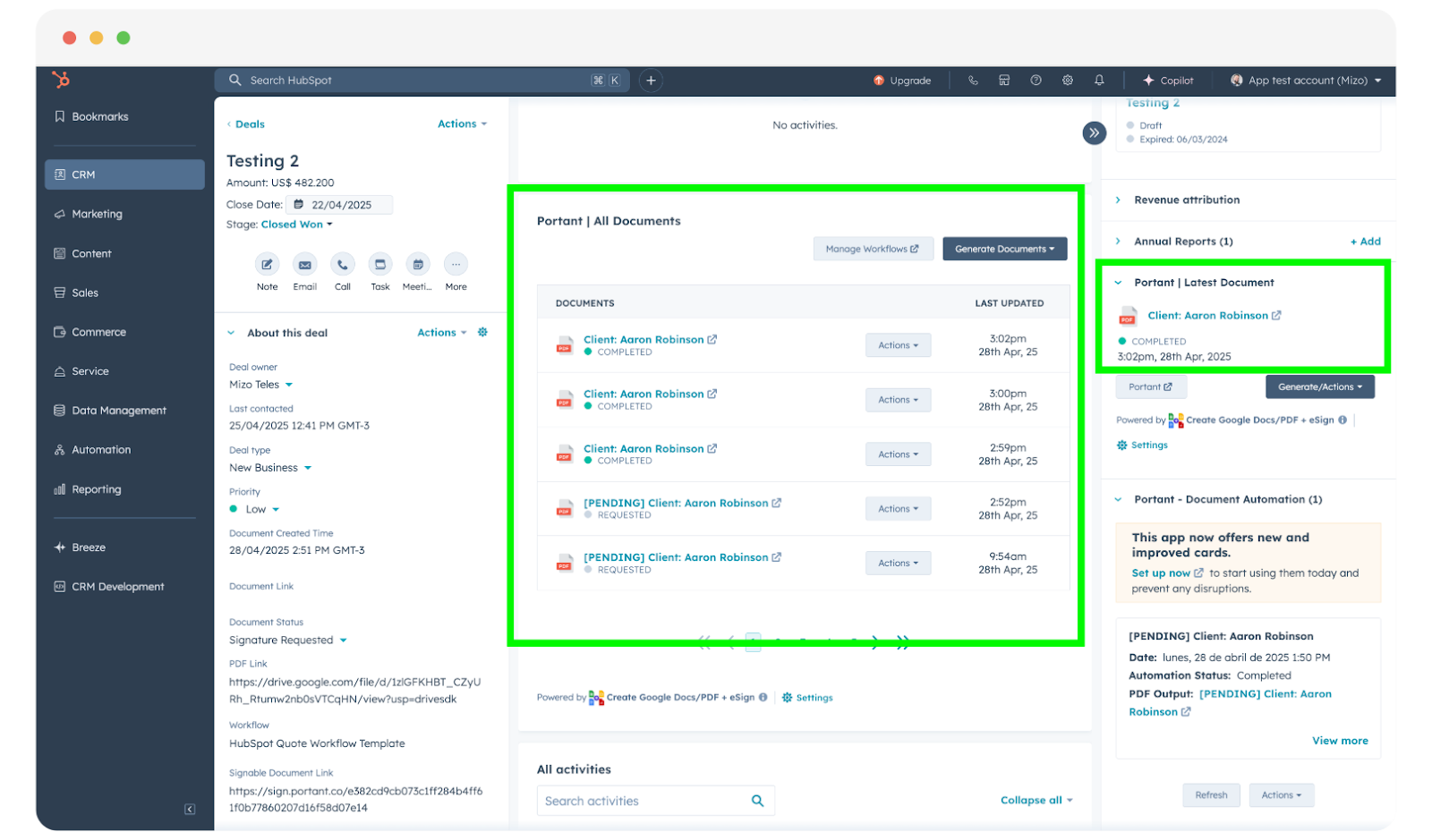 HubSpot deal record for a closed-won deal showing the Portant All Documents card listing five completed and pending client invoices, with the Portant Latest Document panel pinned to the right rail of the deal