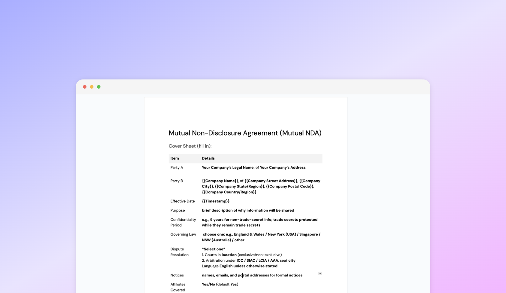 Non Disclosure Agreement NDA Template — template in Portant
