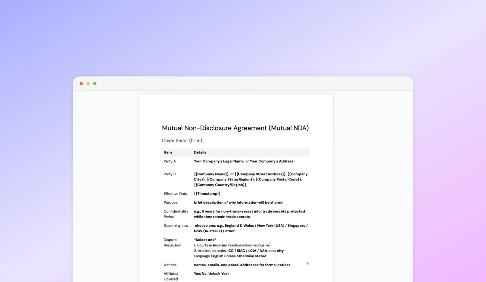 Non Disclosure Agreement NDA Template, template in Portant