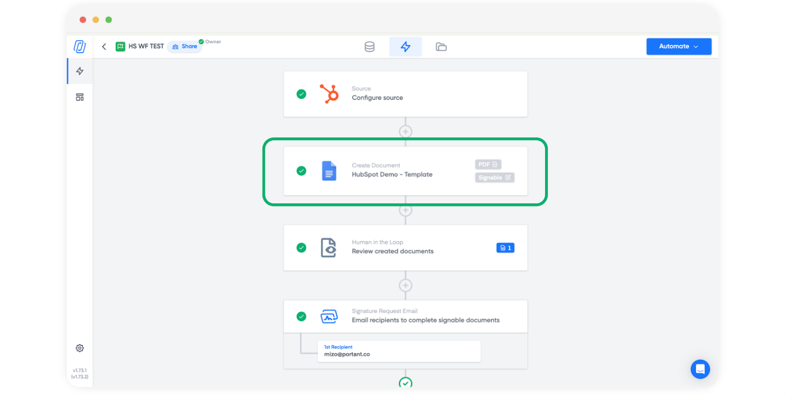 Portant workflow showing line items merged into a document table