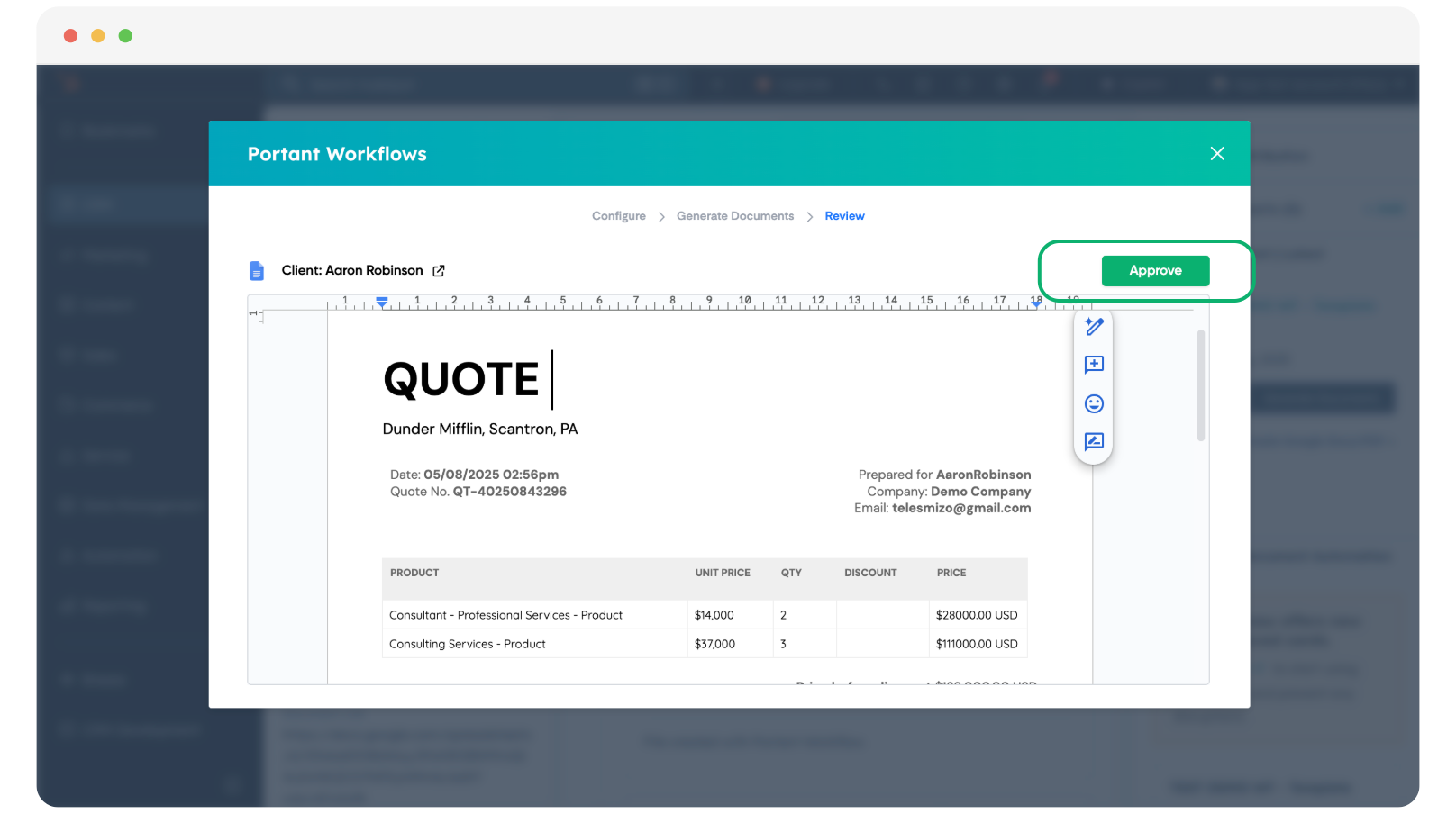 HubSpot modal showing contract review with approve and reject options in Portant