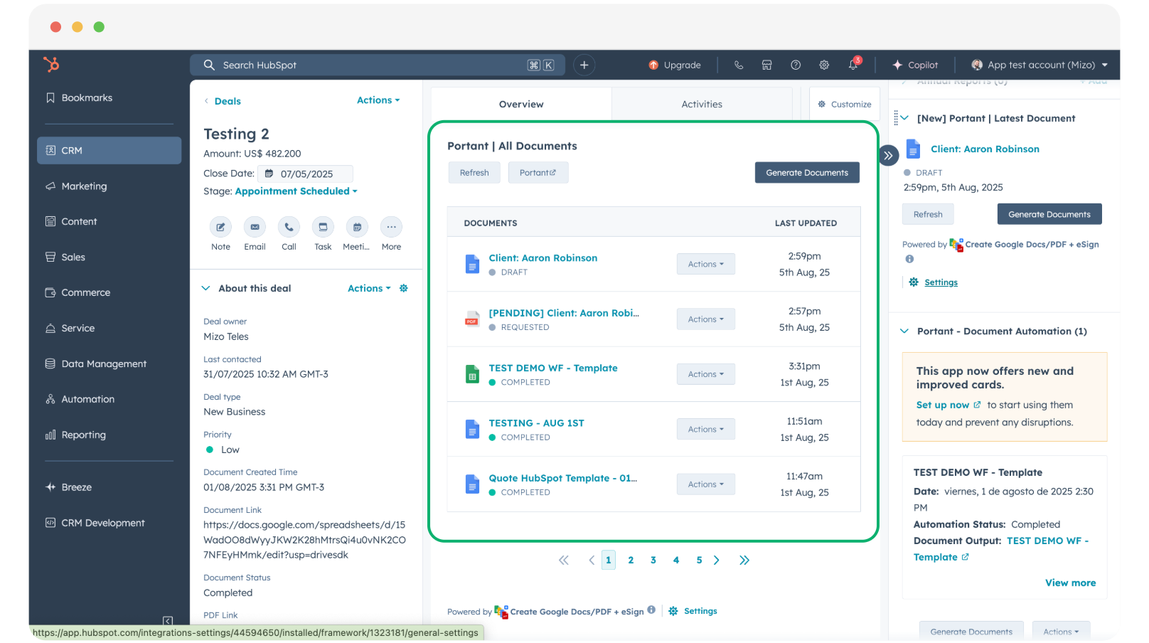 Portant card on a HubSpot deal showing Draft status for a pending contract