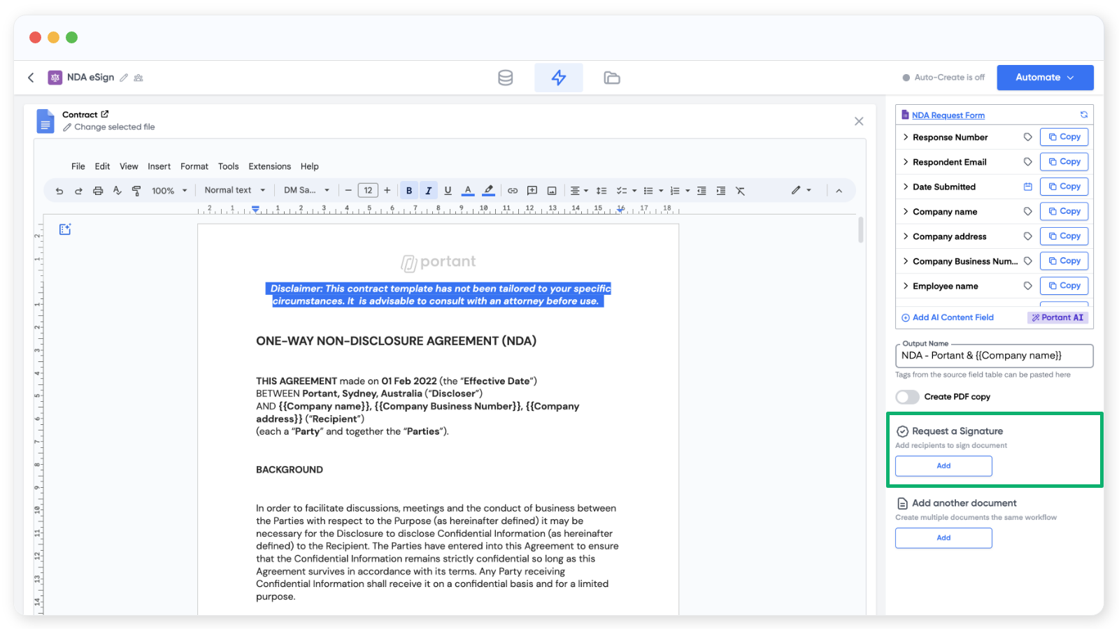 Portant workflow showing the e-signature request block connected to a contract document block