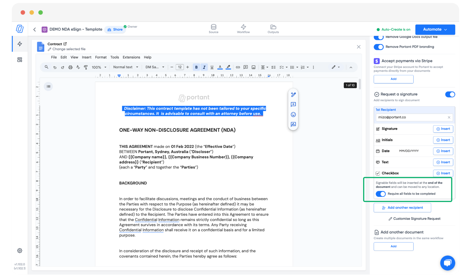 Signature recipient settings with email mapped to a HubSpot contact property