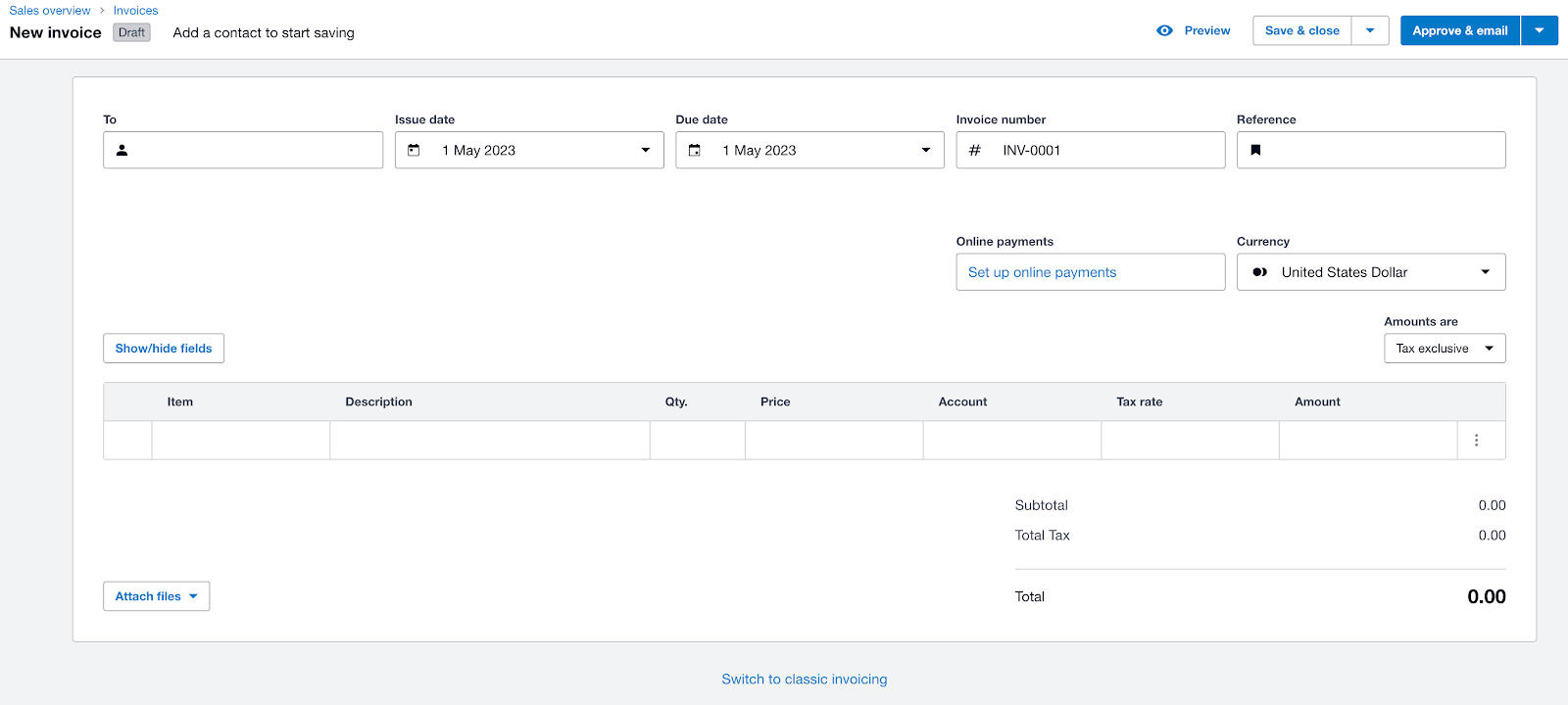New invoicing screen in Xero featuring modern layout for entering customer info, issue and due dates, invoice number, item details, and online payment setup.