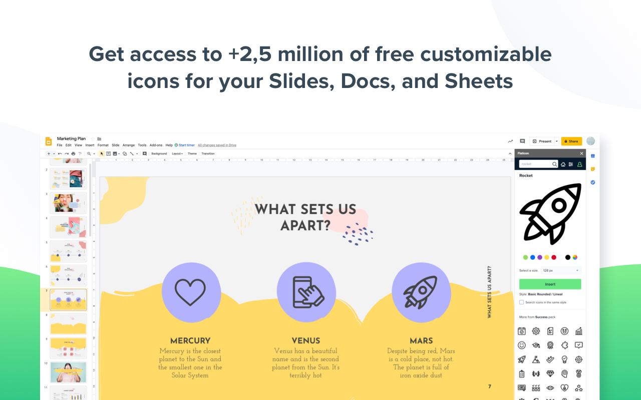Flaticon Google Docs and Slides add-on interface showcasing a library of over 2.5 million free customizable icons.