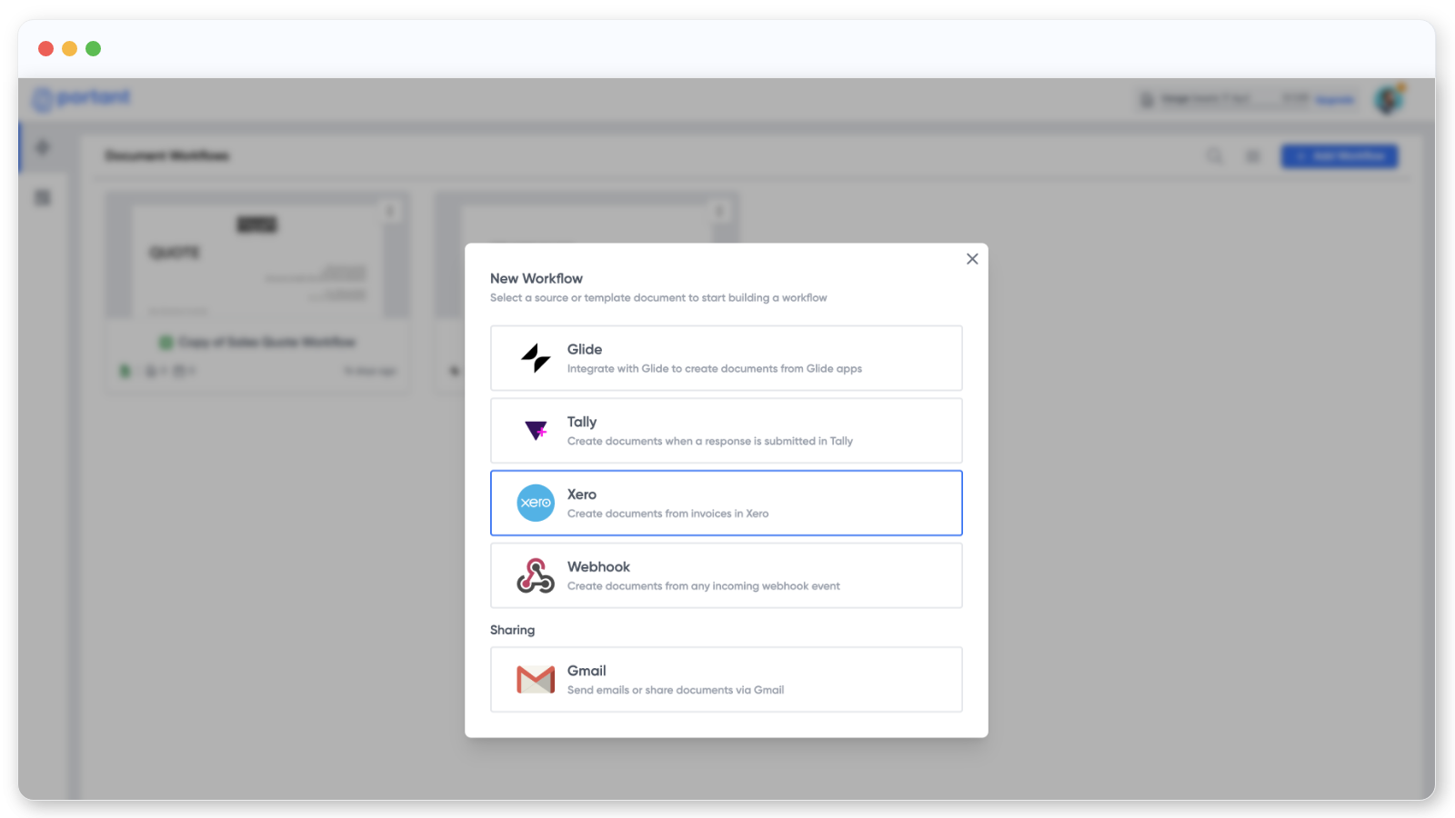 Portant integration screen showing Xero selected as a workflow source, allowing users to create documents from Xero invoices and overcome native Xero limitations.