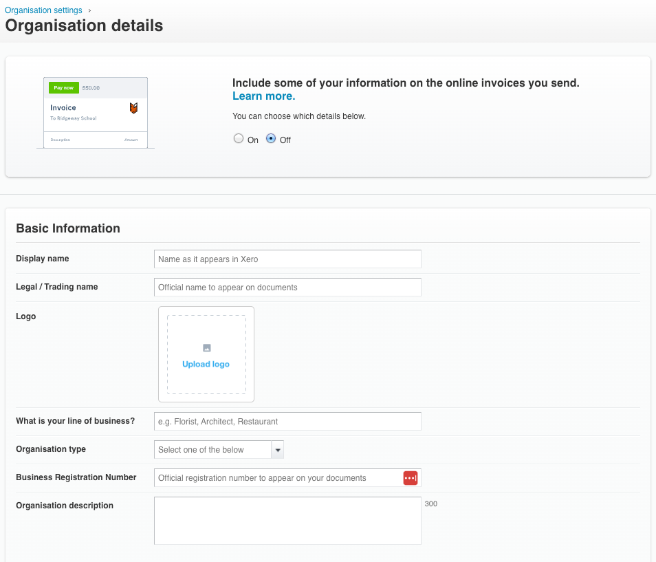 Organisation details screen in Xero where users can upload their business logo, enter company name, registration number, and branding info to personalize invoice appearance.