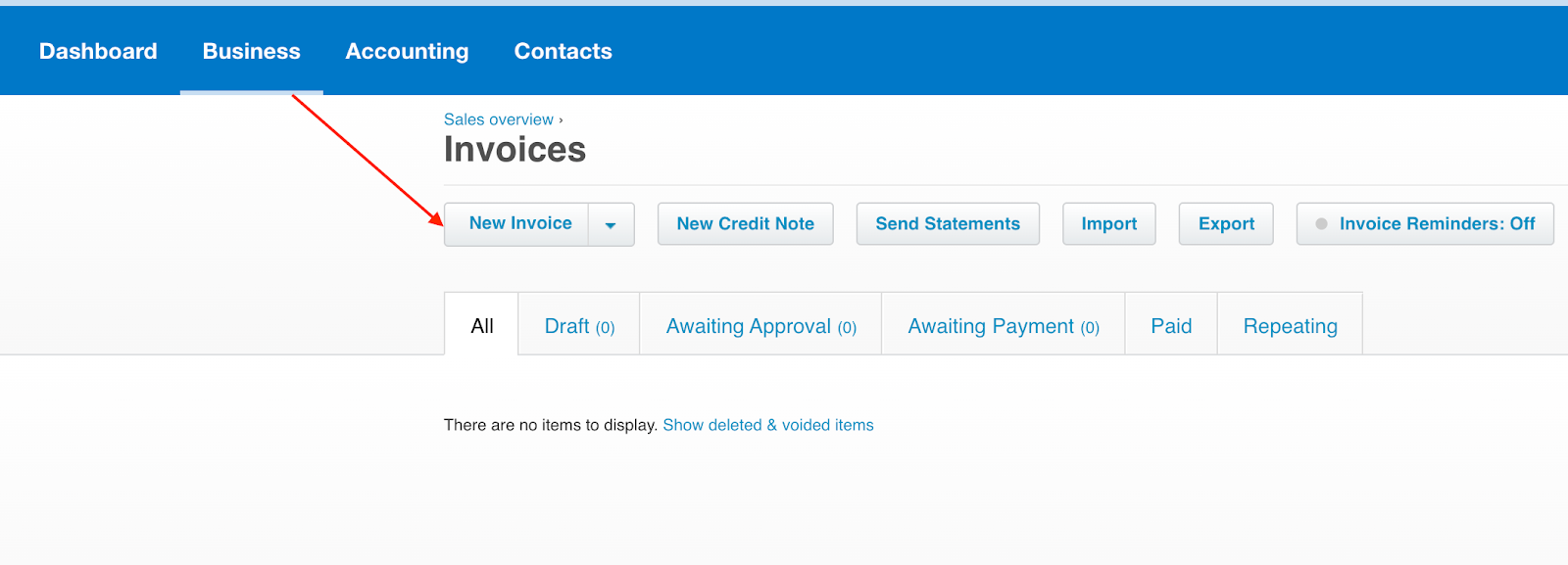 Xero Accounting Software interface showing where to click the "New Invoice" button under the "Invoices" section to start creating a new invoice.