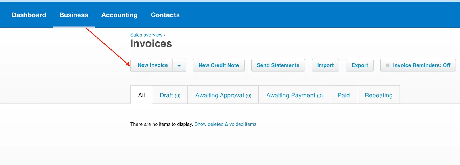 Xero Accounting Software interface showing where to click the "New Invoice" button under the "Invoices" section to start creating a new invoice.