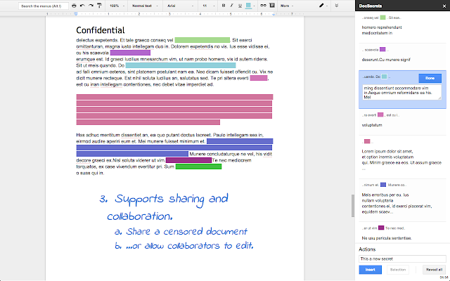 DocSecrets Google Docs add-on interface displaying encrypted and hidden text for secure document collaboration.