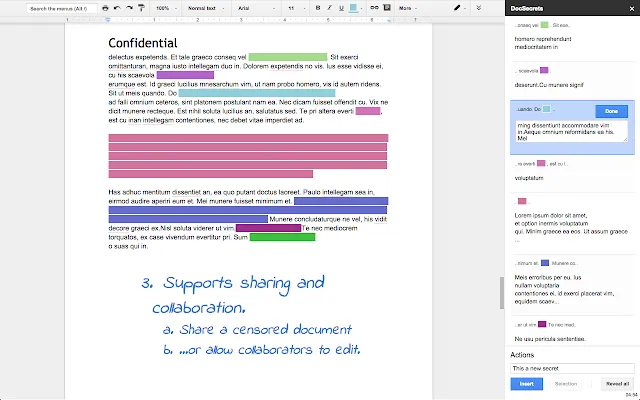 DocSecrets Google Docs add-on interface displaying encrypted and hidden text for secure document collaboration.
