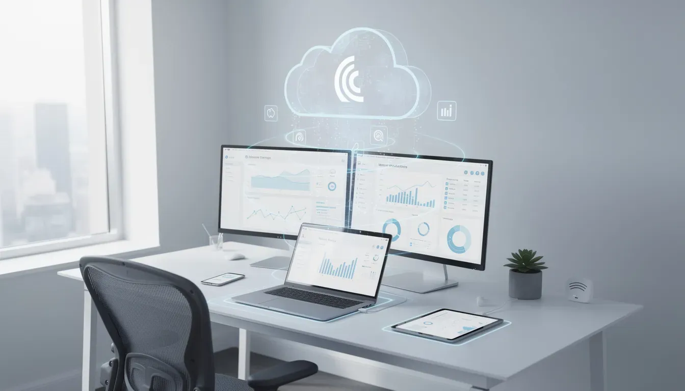 The image depicts a modern office workspace featuring various digital devices, such as laptops and tablets, along with visual elements representing cloud connectivity. It highlights the use of electronic signatures for signing documents, showcasing advanced features like document workflow and secure storage for digital documents, making it ideal for small businesses.