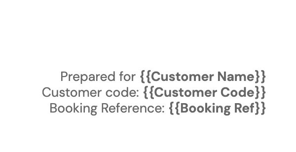 Invoice section with placeholders for customer name, customer code, and booking reference details.
