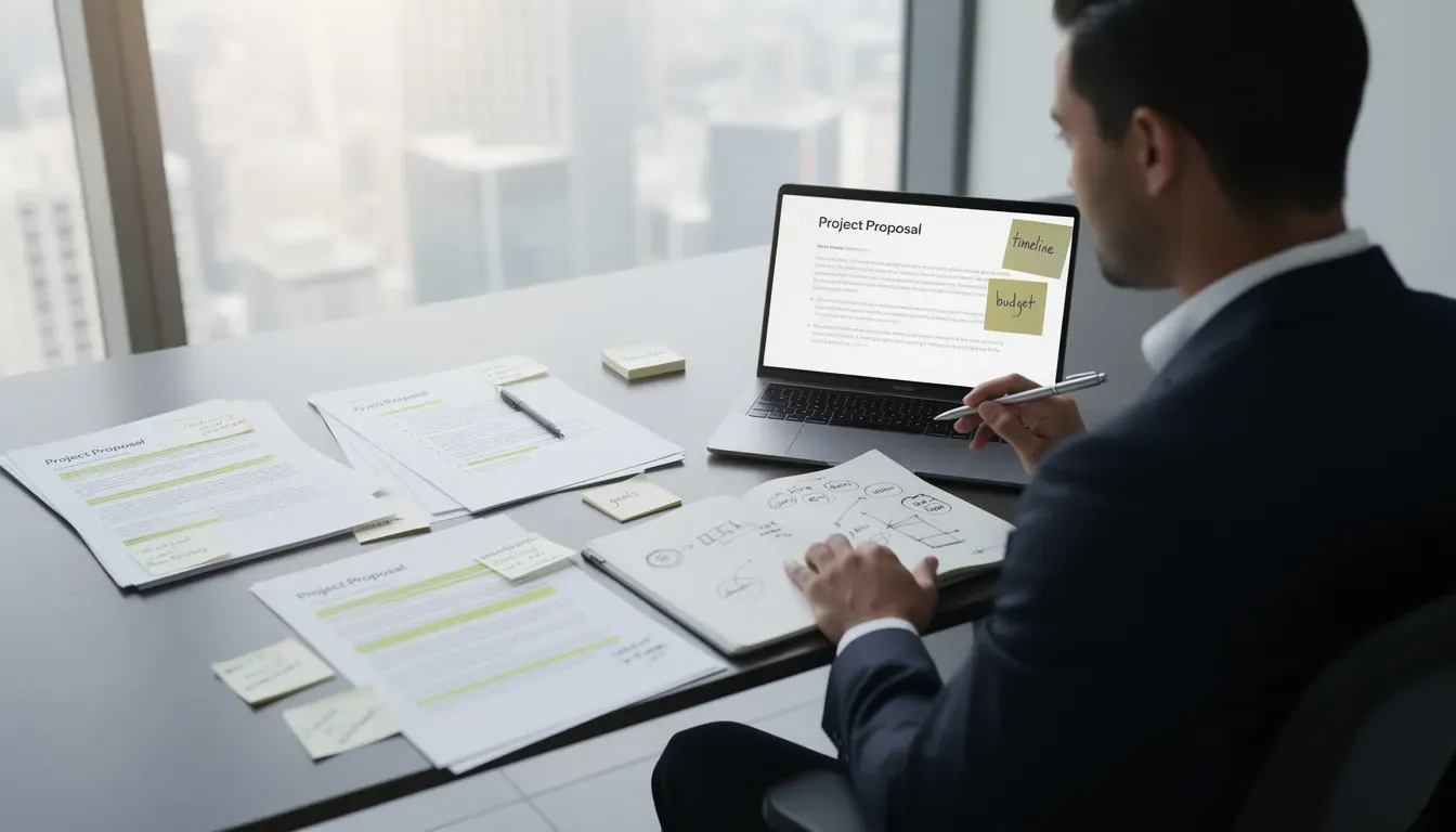 An individual is intently designing a software development proposal, surrounded by various documents and a laptop, focusing on outlining project objectives and essential details for a prospective client. The workspace reflects a structured approach, with notes on project scope, key deliverables, and a clear proposal format to ensure effective communication.