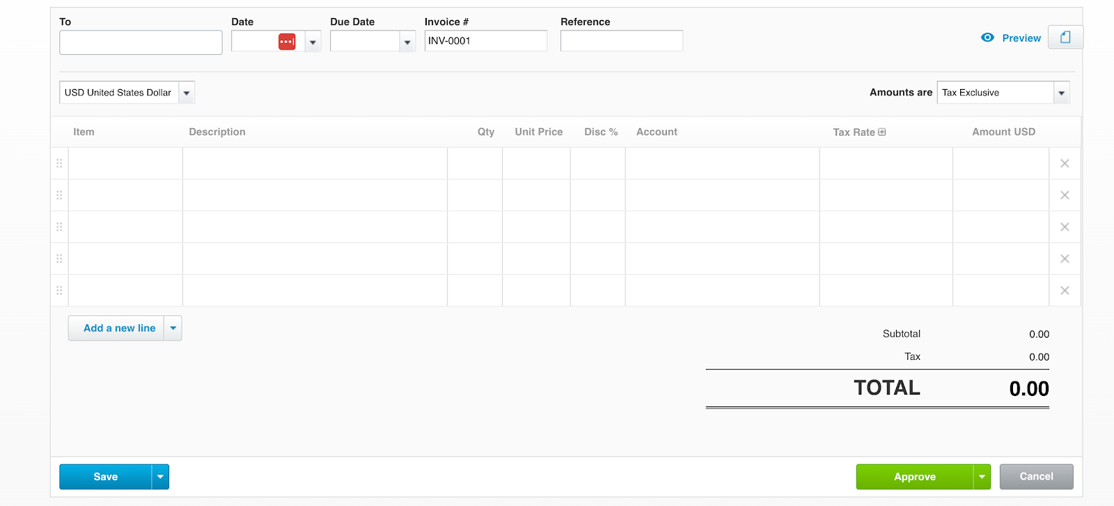 Classic invoicing screen in Xero showing fields to enter customer details, invoice number, item descriptions, pricing, and tax to create and approve a new invoice.