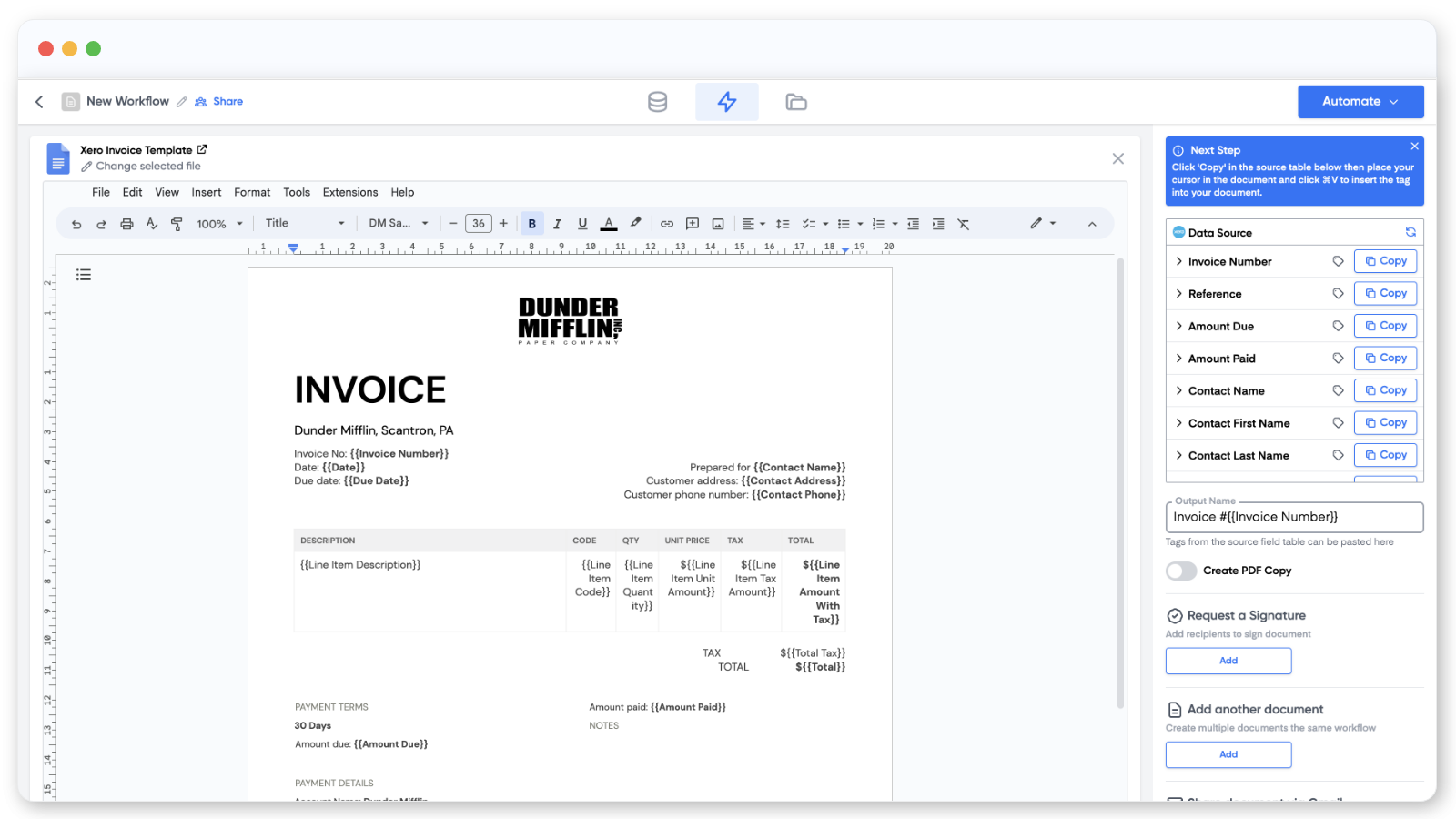 Custom Xero invoice template in Google Docs powered by Portant, showing dynamic fields like invoice number, amount due, and contact info for automated document creation from Xero data.
