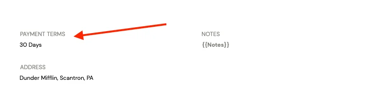 Example of Payment Terms section in Portant's Free Service Invoice Template