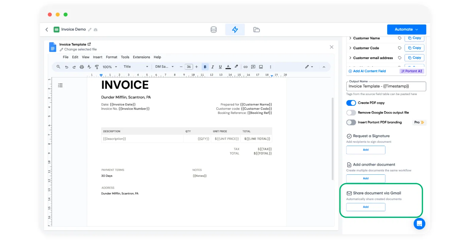 Screenshot of Portant editor showing an invoice template with merge tags and a highlighted Share document via Gmail option