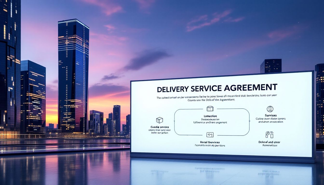 An overview of a Delivery Service Agreement, highlighting key sections such as Goods Services, Extraction, Services, and Retail Services