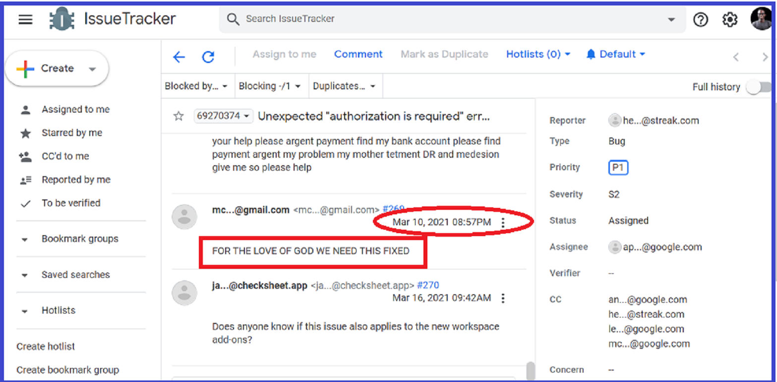 A screenshot of an issue inside Google IssueTracker waiting to be fixed