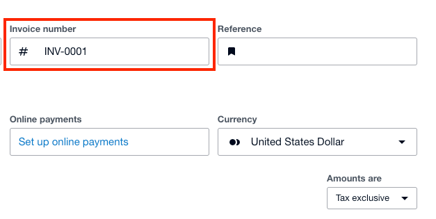 Highlighted invoice number field in Xero, showing where to enter or edit a unique invoice number when creating an invoice.