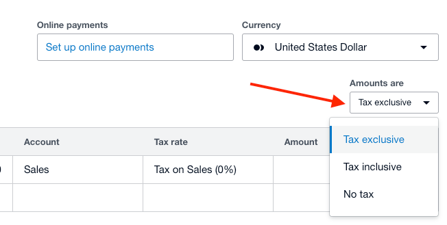 Xero invoice settings highlighting the "Amounts are" dropdown to choose between Tax Exclusive, Tax Inclusive, or No Tax options when applying sales tax to your invoice.