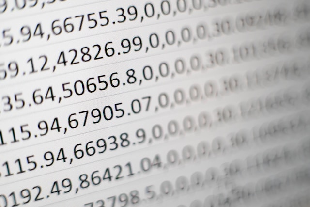 Close-up of numerical data on a spreadsheet, representing financial calculations used in progress invoicing and payment tracking.