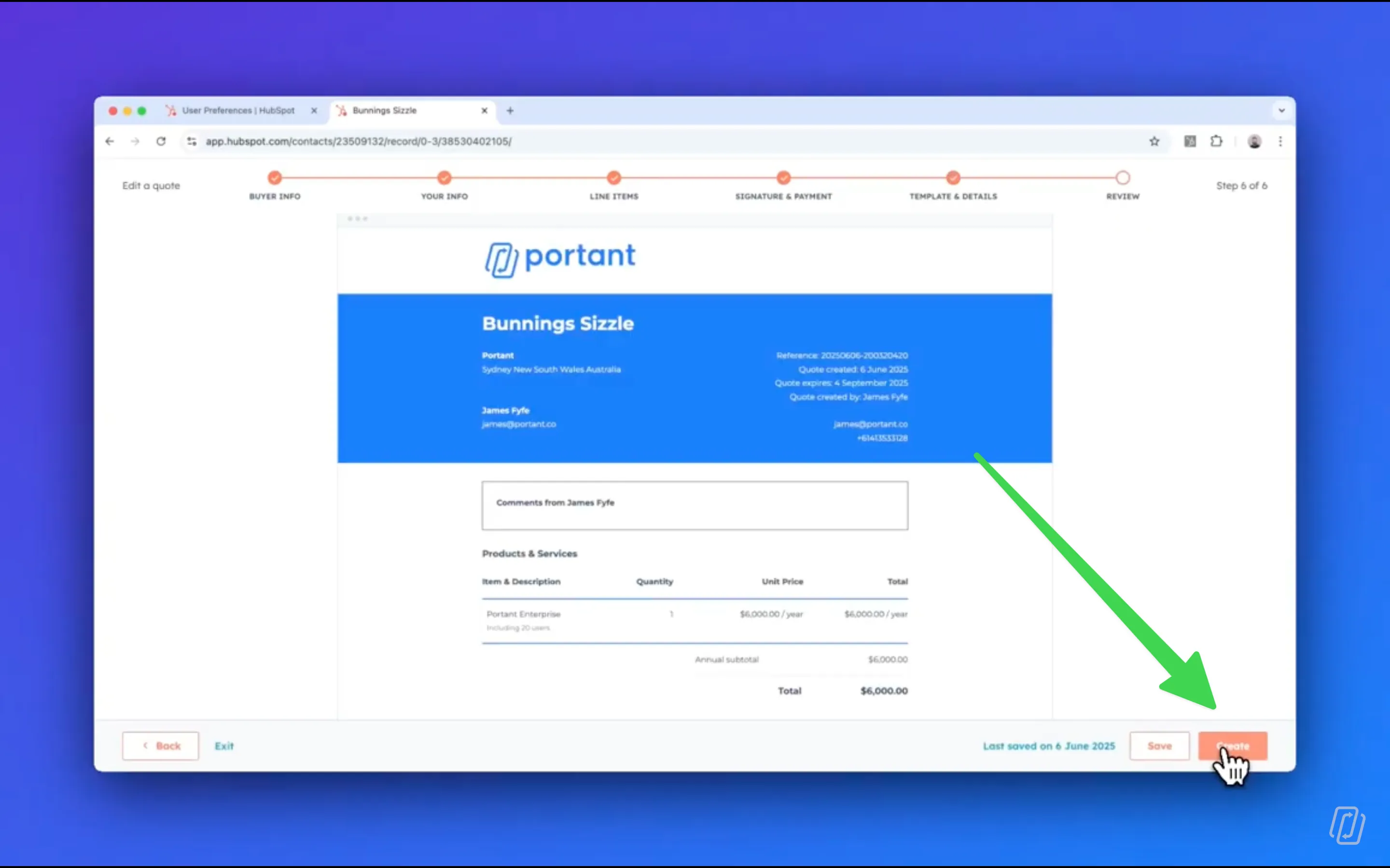 HubSpot quote customisation screen showing a pre-designed template populated with deal data