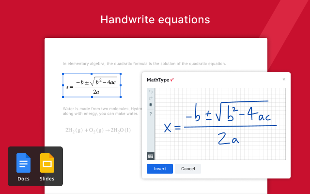 MathType Google Docs and Slides add-on interface showcasing handwritten equation conversion. 