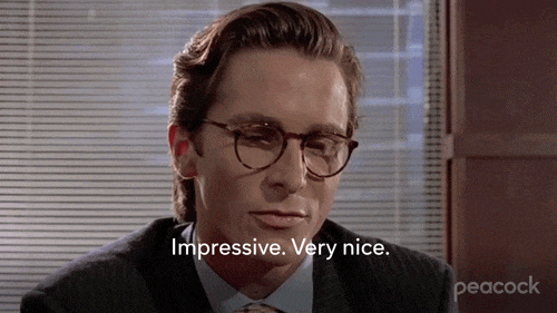 Scene from American Psycho with the line “Impressive. Very nice,” used to highlight the aesthetic consistency achieved through document automation