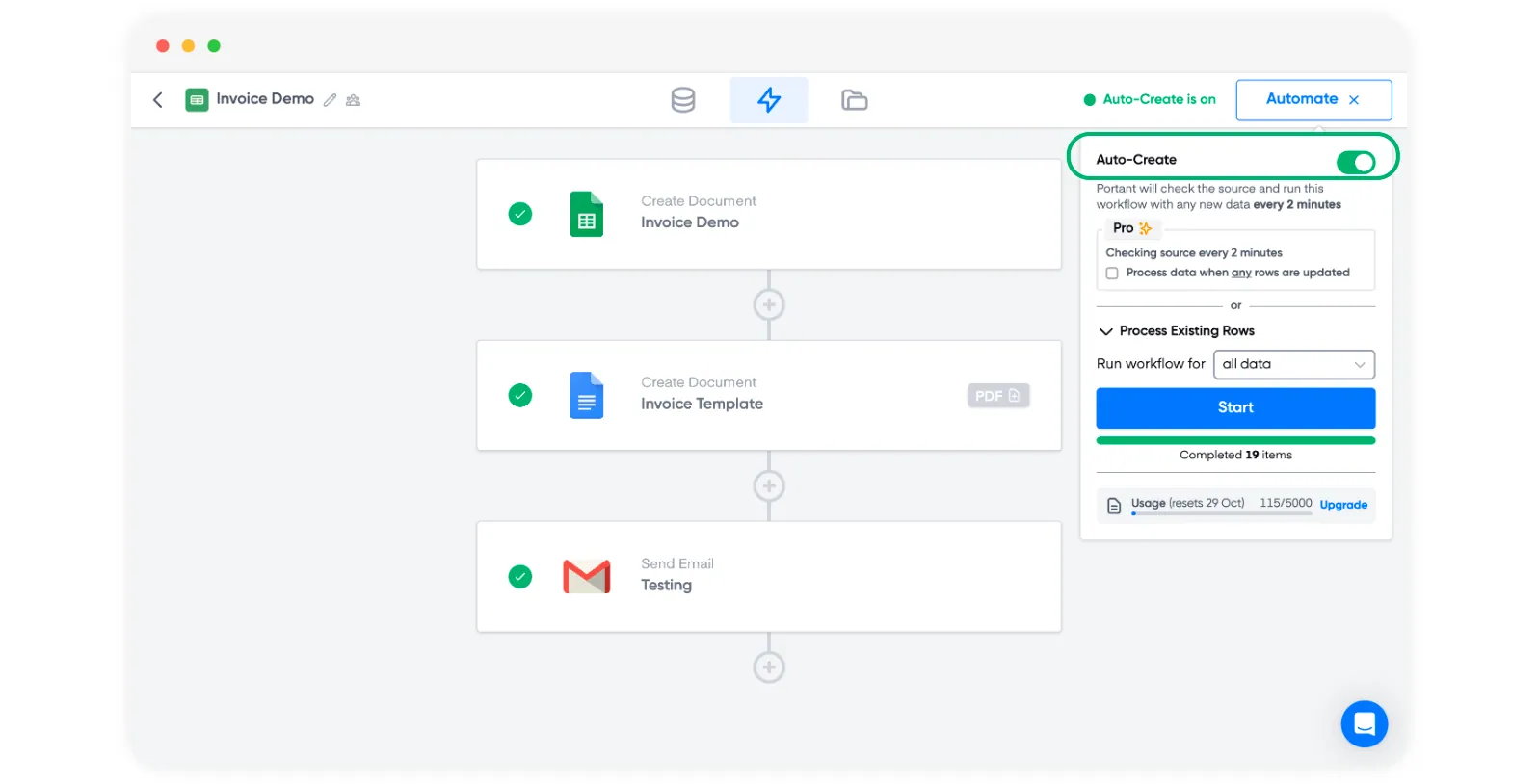 Screenshot of Portant invoice workflow with Auto-Create toggle enabled to run the workflow every 2 minutes on new data