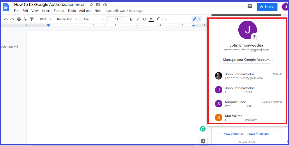 A screenshot of Google accounts inside Google Docs