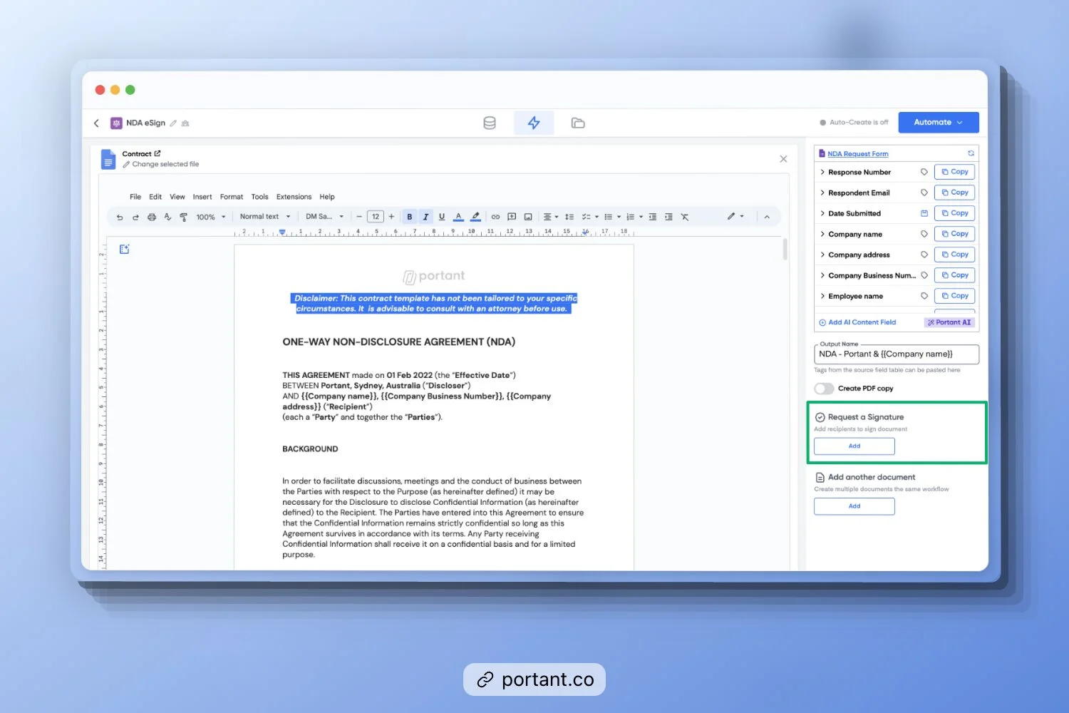 Portant's platform interface showing how to add signature fields to a Non-Disclosure Agreement, preparing the document for online contract signing within the automated workflow.