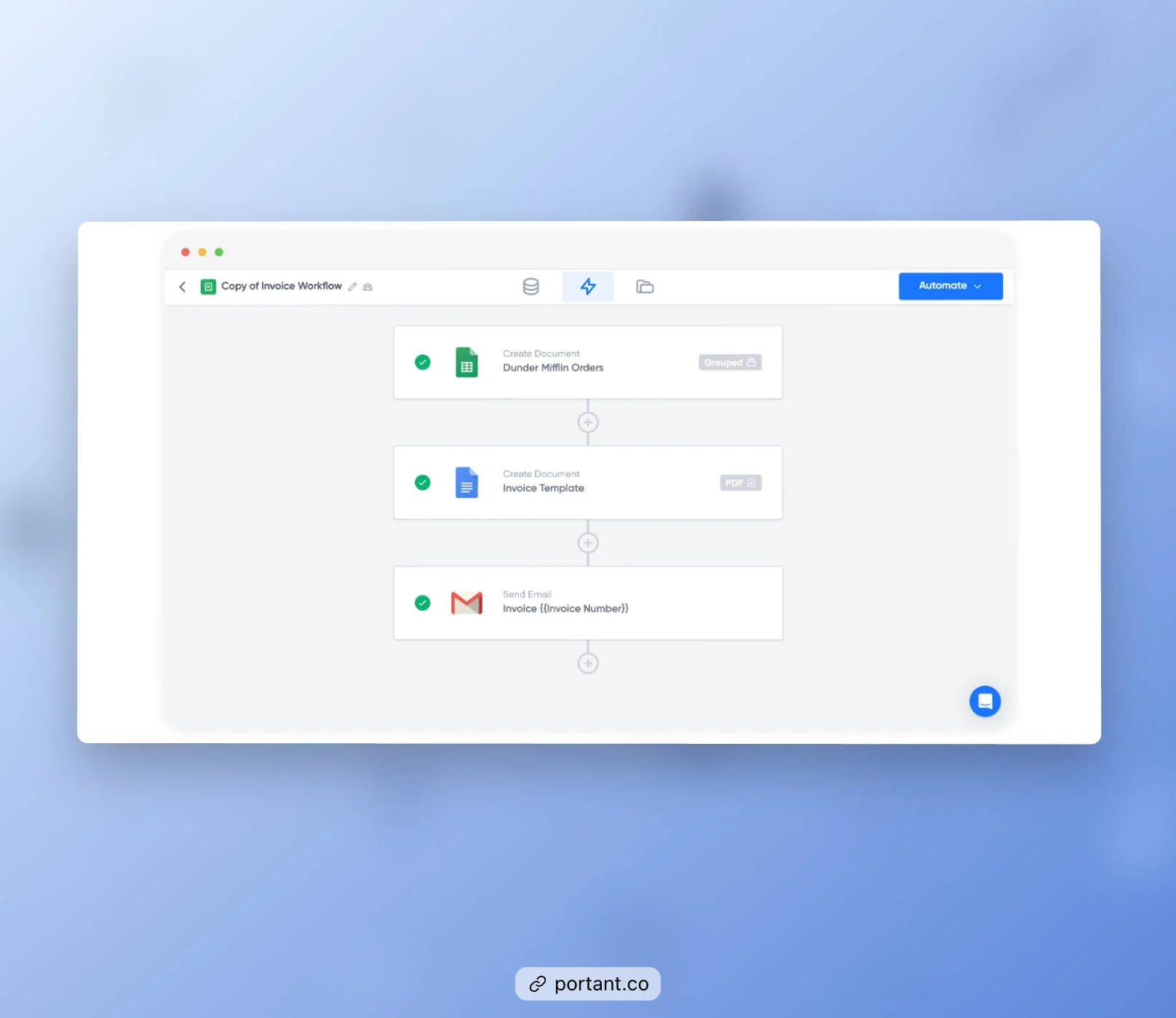 Portant's automation workflow for invoicing, demonstrating document creation and email integration to streamline business operations and simplify invoice sending