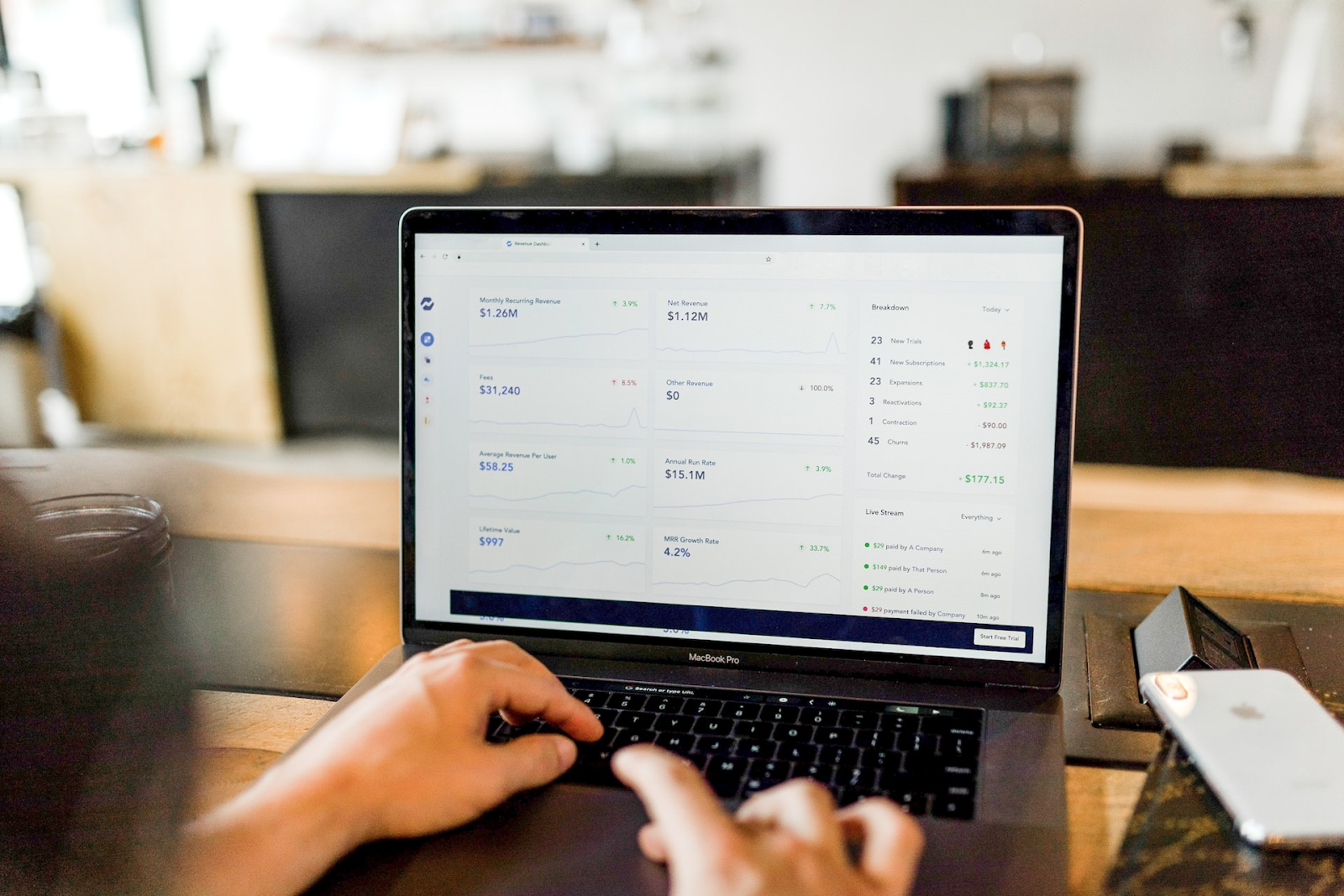 Person working on a laptop displaying a financial dashboard, analyzing revenue and expenses. This represents the difference between a quote and an invoice, highlighting financial tracking, pricing estimates, and final billing in business transactions.