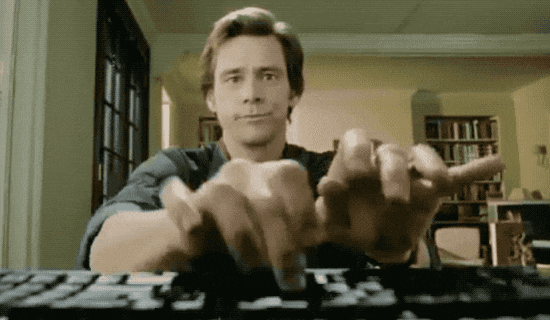 im Carrey humorously typing at lightning speed, symbolizing the manual effort involved in document creation