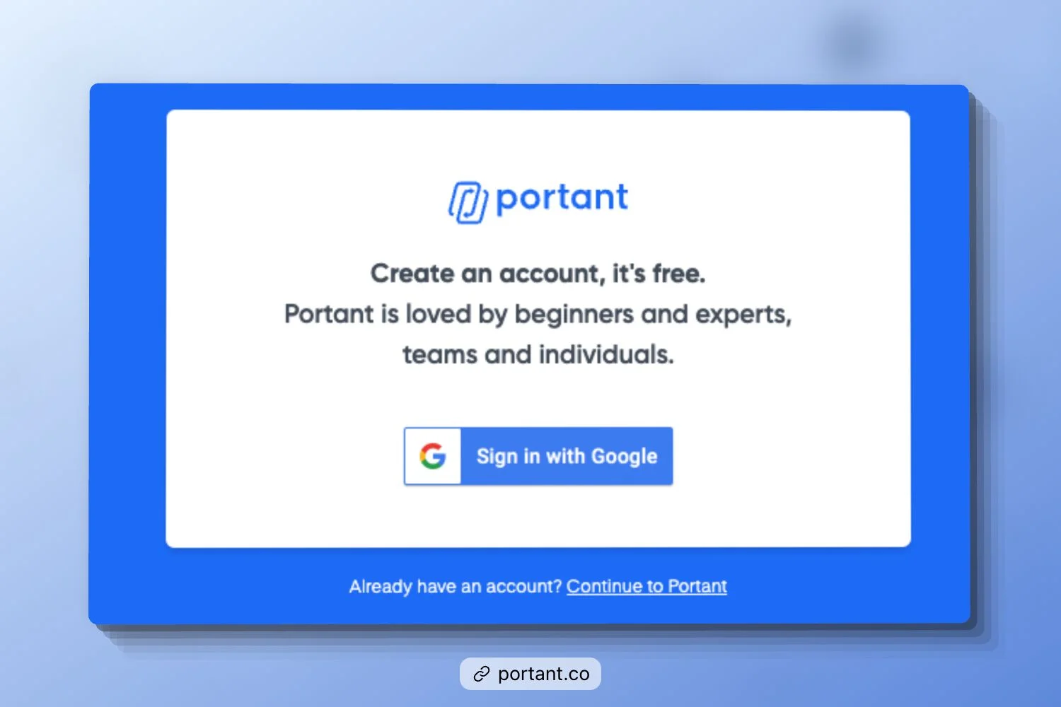 Portant account sign-up pop-up window prompting users to create a free account, with the option to sign in using Google for easier access to online contract signing.