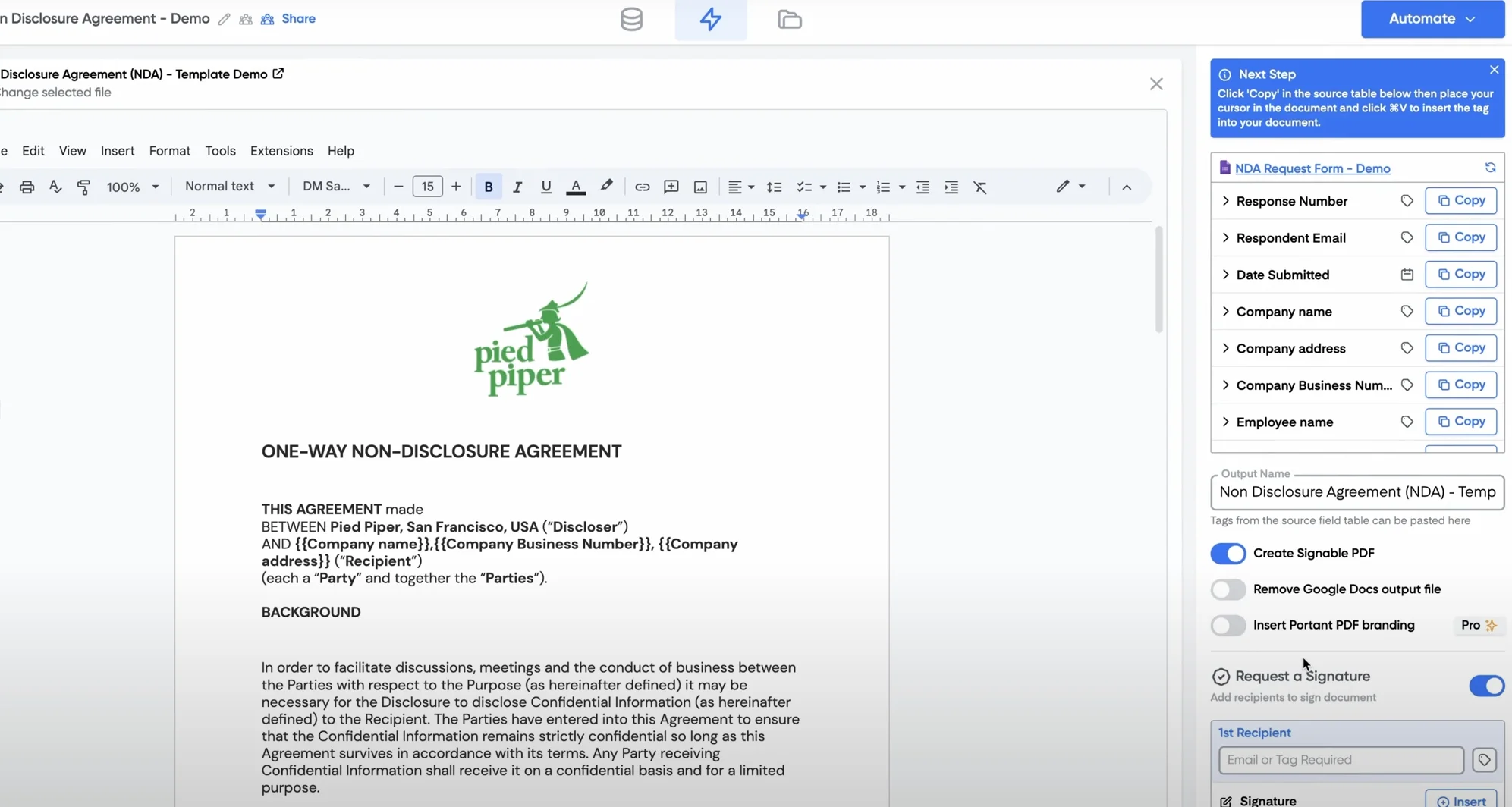 Automating SaaS contract management using Portant's contract templates to generate one-way disclosure agreement (NDA) with dynamic fields and e-signature capabilities
