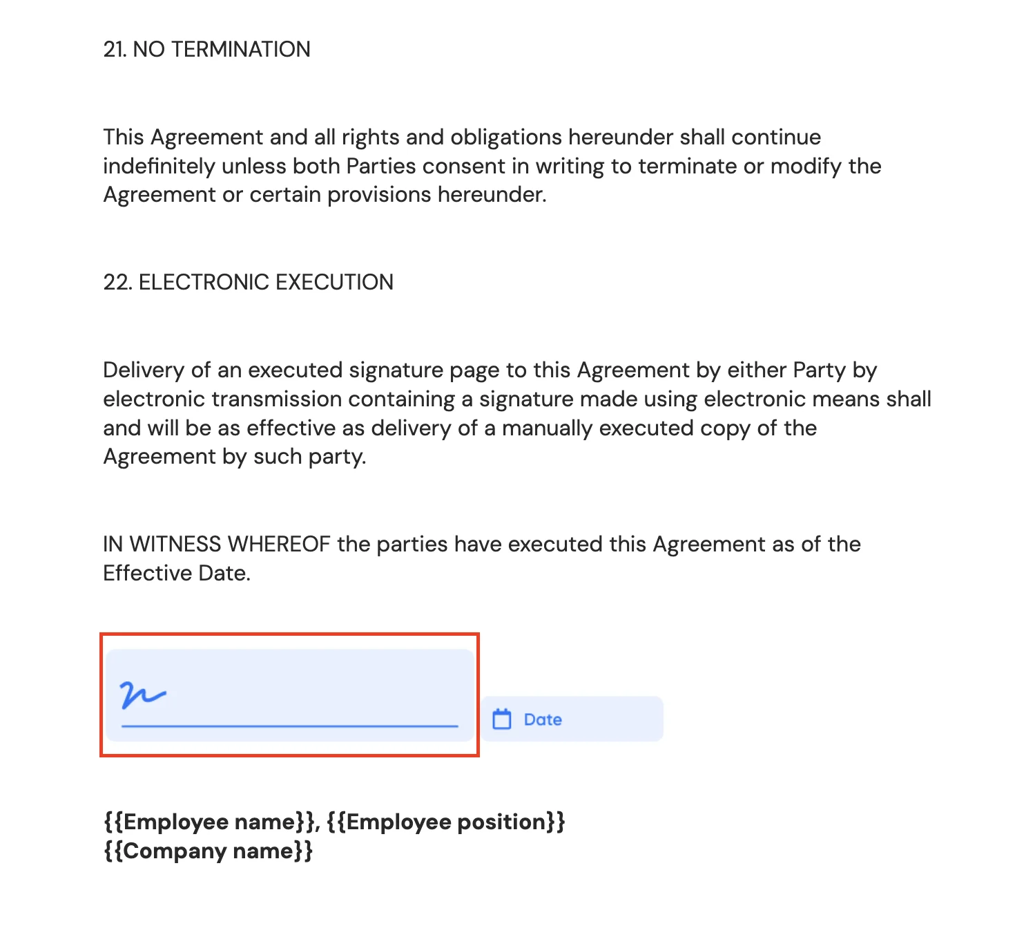Digital signature field at the end of a contract within Portant's Agreement Template, illustrating how users can electronically sign documents with name, position, and company details for legal execution.