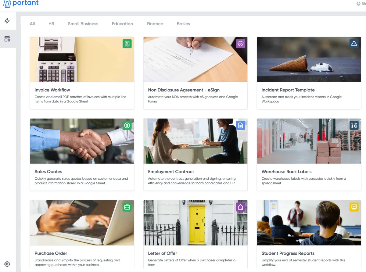 Overview of Portant's library of templates featuring various document automation options including invoice workflows, eSign agreements, employment contracts, sales quotes, and student progress reports.