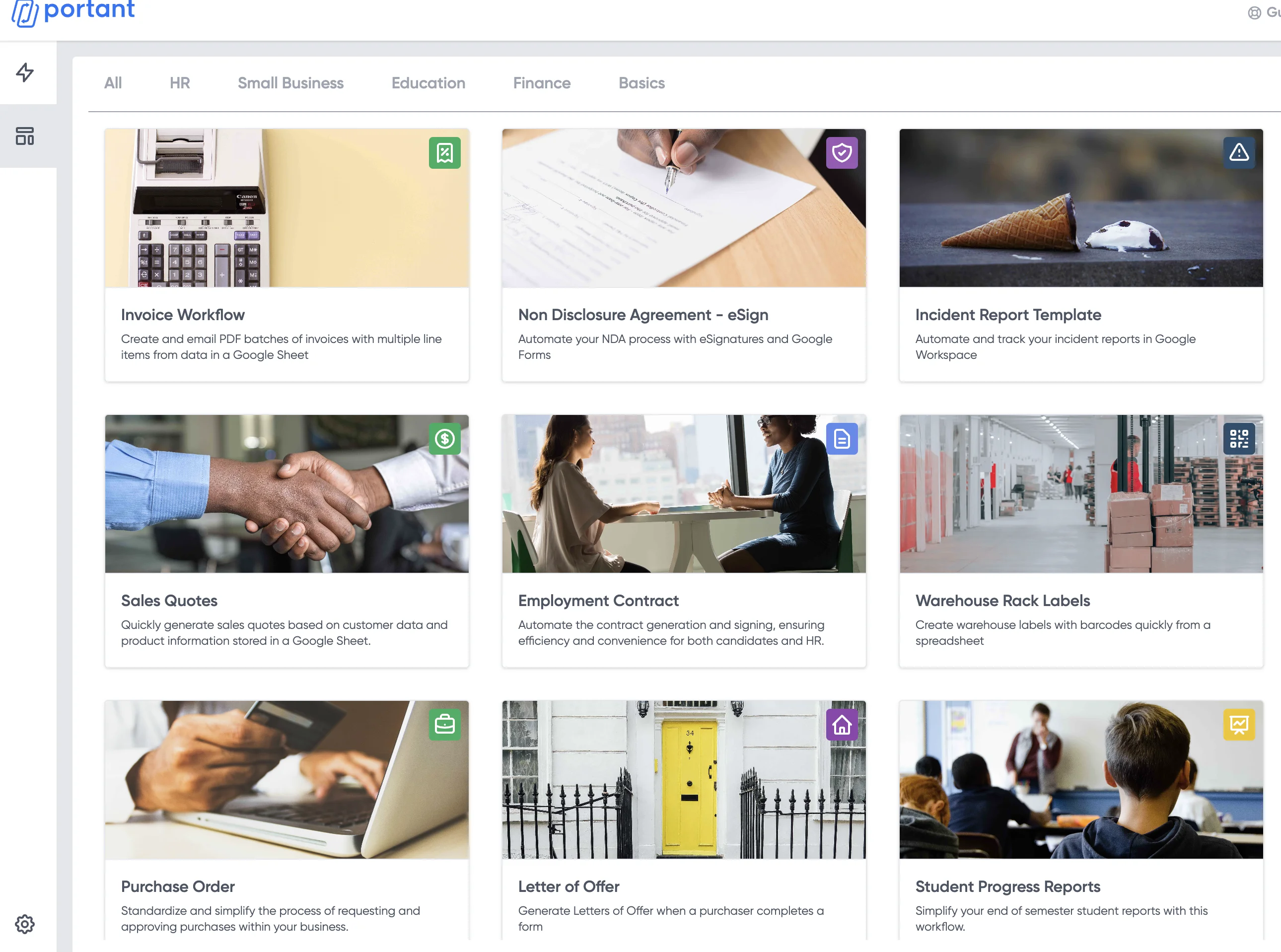 Overview of Portant's library of templates featuring various document automation options including invoice workflows, eSign agreements, employment contracts, sales quotes, and student progress reports.