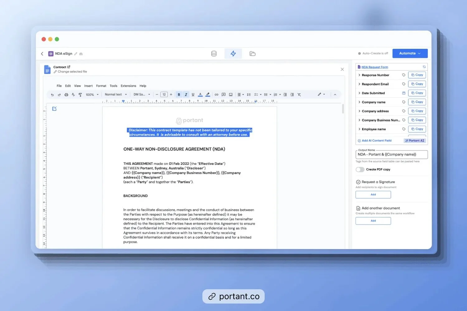 Screenshot of Portant's Non-Disclosure Agreement Template in Google Docs, showcasing a one-way NDA layout with automated fields—ideal for freelancers drafting legal contracts.